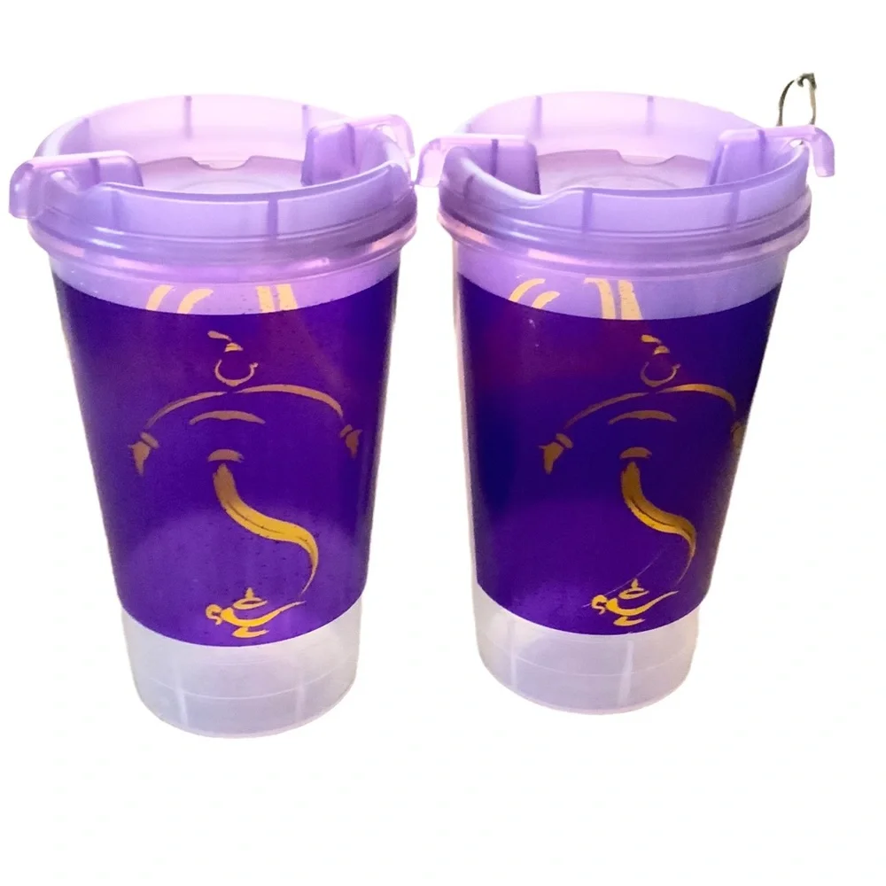 2 Aladdin Disney Tumblers and Covers Purple With Gold Writing Cold Beverage